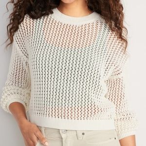 Xhilaration Women's Cute Crochet Crop Top Stretch Crew Neck Long Sleeve Beige X